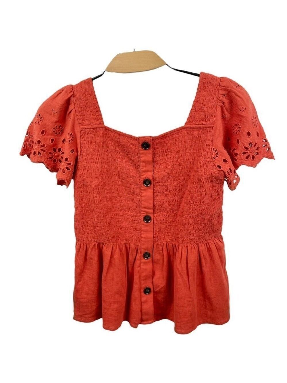 * NEW Madewell Eyelet-Sleeve Lucie Orange Smocked Peplum Top Size XS - Picture 3 of 5